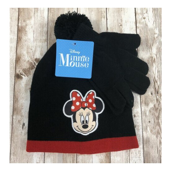 New Girls Child Size Black & Red Disney Minnie Mouse Beanie Hat and Gloves Set image {1}