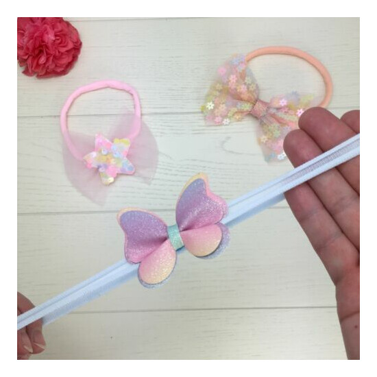 3pcs Pastel Rainbow Baby Headbands New Born Toddler Tulle Bows Glitter Butterfly image {4}
