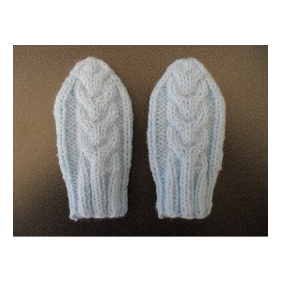 Baby knitted pop-on mittens in blue supersoft shimmer acrylic yarn, 0-12 months image {1}