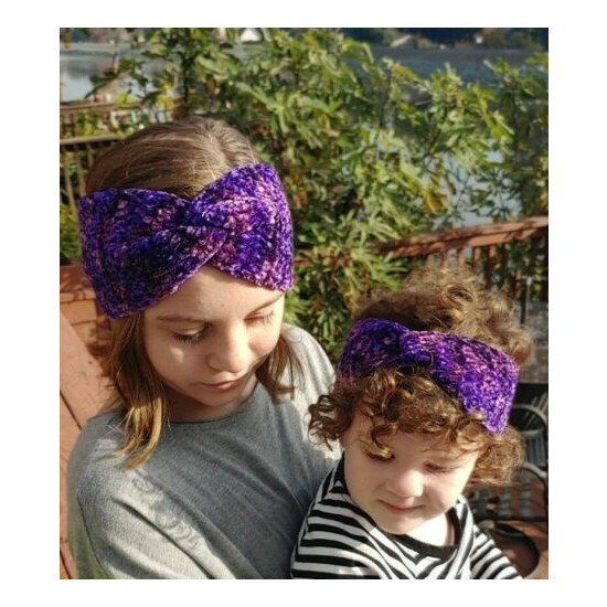 Girls Velvet Twisted Crochet Earwarmer Headband Dark Purple Multi Handmade NEW image {3}