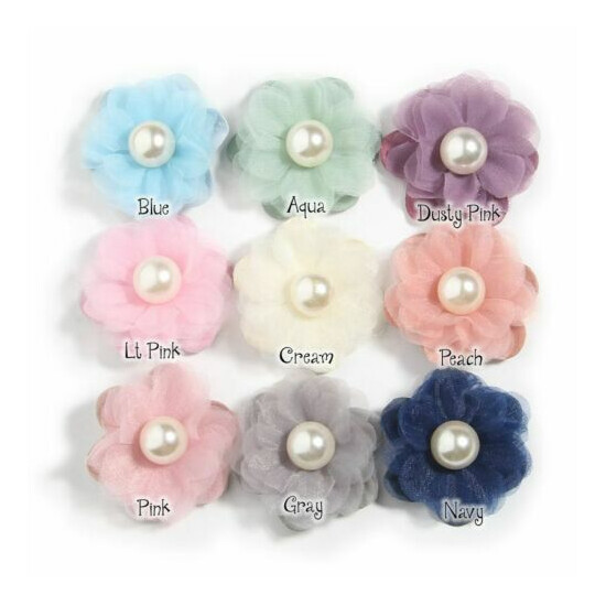 120PCS 4.2CM Chiffon Fabric Flowers With Pearl For Headband Bridal Flower Lapel image {2}
