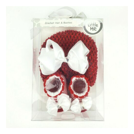 Little Me Crocheted Baby Red White Beanie Hat & Booties up to 12 mos Christmas image {1}