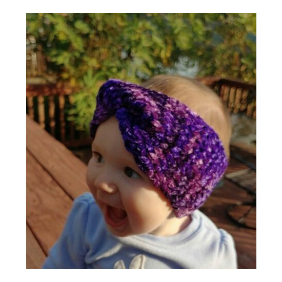 Girls Velvet Twisted Crochet Earwarmer Headband Dark Purple Multi Handmade NEW image {2}