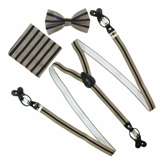 New in box Convertible Elastic Suspender _Bowtie & Hankie Mocca Black extra long image {1}
