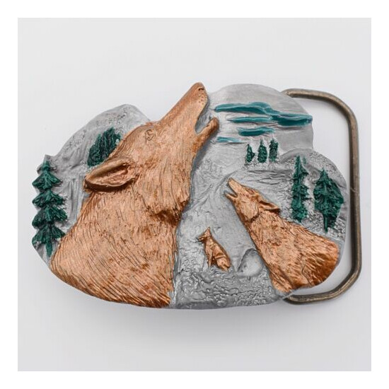 Howling Wolf Pack Full Moon Pewter Novelty Gift Belt Buckle (New) image {1}