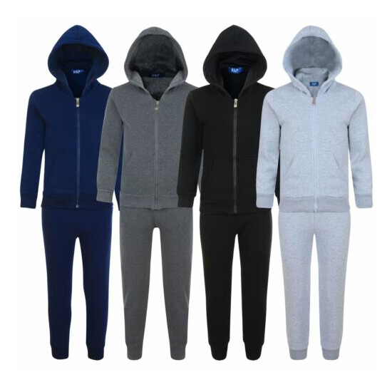 Kids Plain 2-Piece Tracksuit Fleece Hooded Top Jogging Bottoms Sizes 3-16 Years image {1}