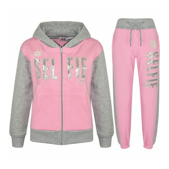 Kids #SELFIE Baby Pink & Grey Tracksuit Sequin Embroidered Hoodie Joggers Girls image {1}