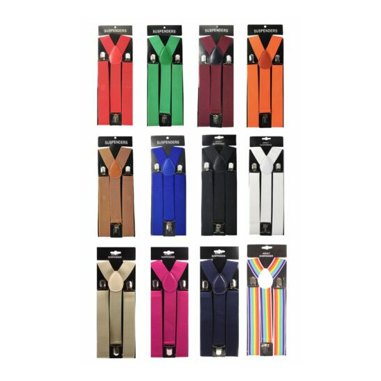 12x Assorted Colors Mens Clip-on 1.5" WIDE Suspenders Elastic Y-Shape Suspender image {1}