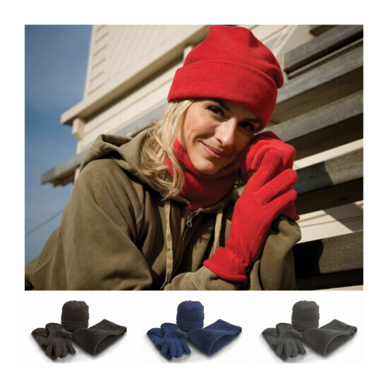 Mens Womens Warm Fleece Beanie Hat Scarf and Gloves Glove Set Warm Neck Warmer image {1}
