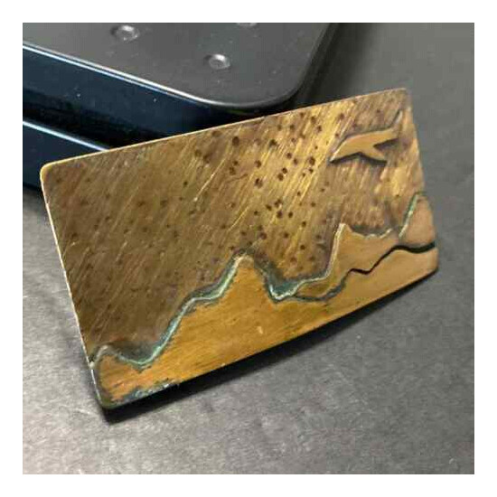 Vintage Handcrafted Artisan Brass Airline Airplane Mountains Tooled Belt Buckle image {3}