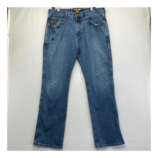 Ariat Mens Rebar M4 Low Rise Boot Cut Jeans 35/34 blue denim Loop Lock  image {1}