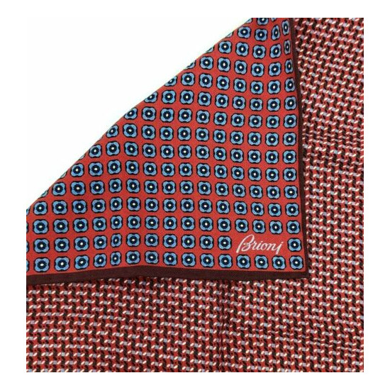 BRIONI Red Blue Reversible Geometric Shapes Silk Pocket Square Handkerchief NWT image {3}