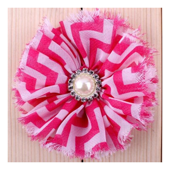 50pcs 3.6" Chiffon Fuzzy Edge Shabby Flower For Girls Striped Leopard With Pearl image {5}
