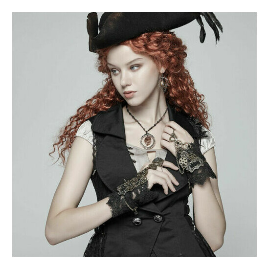 Steampunk Palace noble Metal parts Club Black Fingerless Transparent Lace Gloves image {3}