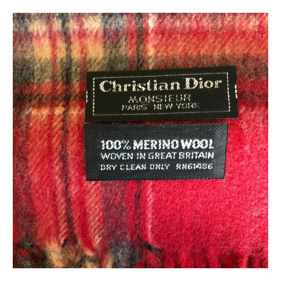 Vintage Christian Dior Monsieur 100% Merino Wool Scarf Red Plaid 12"x56" New Box image {4}