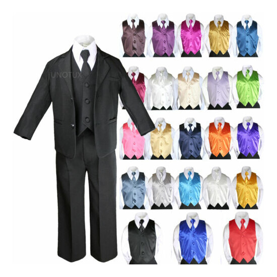 7pcs Baby Boy Teen Formal Wedding Party Black Tuxedo Suits + Color Vest Tie Set image {1}