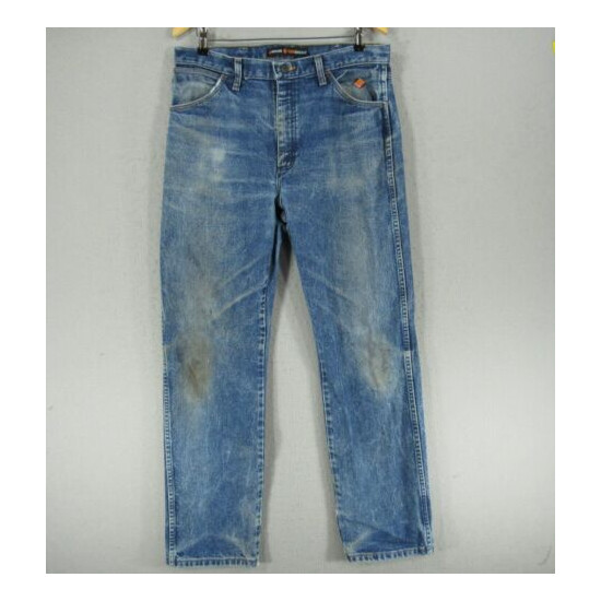 Wrangler Jeans Mens 34 Blue FR 13MWZ Flame Resistant Workwear Distress 34x34 GB image {1}