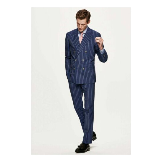 Men Blue Stripes Suits Grooms Wedding Casual Dinner Party Suits (Coat+Pant) image {1}