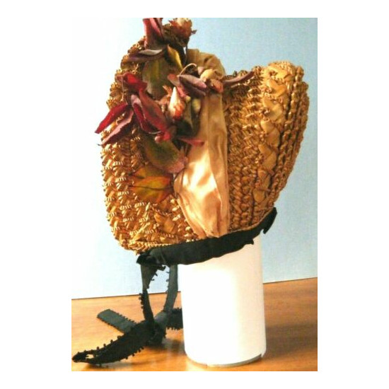 Antique Victorian golden straw bonnet Hat 1880s black velvet flowers silk  image {1}