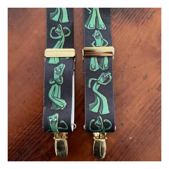 Vintage 1994 “Gumby” Mens Suspenders~Black/Green With Gold Clasps Thumb {1}