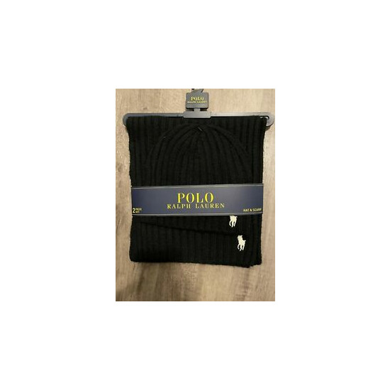 Polo Ralph Lauren Men's 2 Piece Set Hat & Scarf Black Lambswool Blend NWT 150$ image {1}
