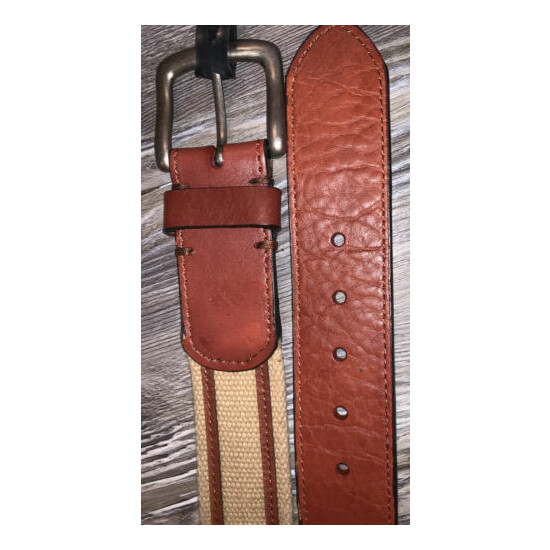 NWT Columbia Khaki Brown Leather Trimmed Metal Logos Comfort Casual Belt Sz 40 image {4}