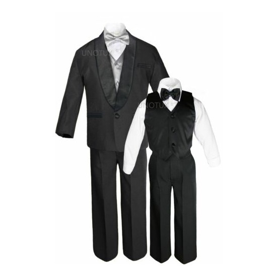 Boys Satin Shawl Lapel Suits Tuxedos EXTRA Silver Bow Tie Vest Sets Outfits S-18 image {1}
