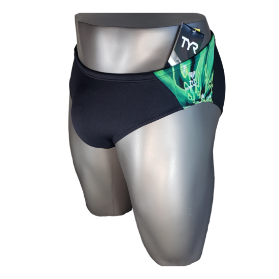 Men's TYR Black WIth Green Splice Racer Brief Size 32 image {1}