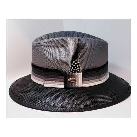 Mens Black Dark Gray Viejo Lowrider hat fedora ombre band Rooster feather image {3}