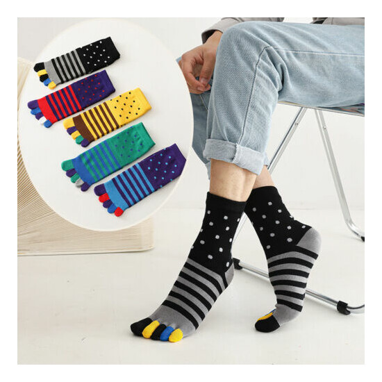 5 Pairs Men Toe Socks 85% Cotton Spotted Striped Five Finger Casual Crew Socks image {1}