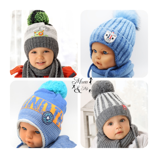 NEW Cute Kids Baby Boys Hat Knitted Winter Set Cap with Scarf Tie up Warmer image {1}