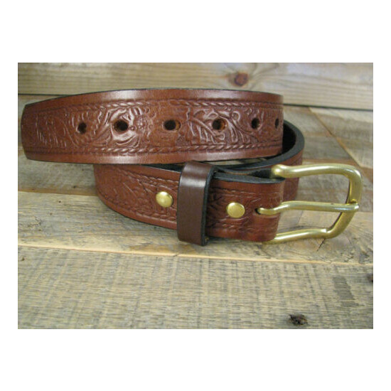 Mens Thick Brown Embossed Rope Floral Leather Belt 1.5" Wide Fits 32-34" USA Thumb {4}