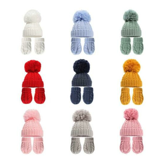 Newborn Baby Boys Girls Winter Cable Twist Pom Pom Knit Hat Mittens 0-12 Months image {1}