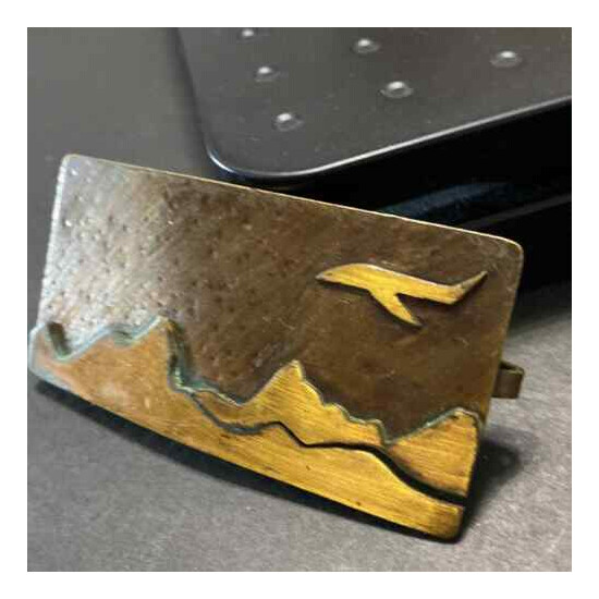 Vintage Handcrafted Artisan Brass Airline Airplane Mountains Tooled Belt Buckle image {2}