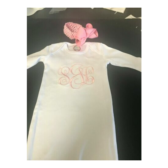 Monogrammed Personalized Baby Girl Gown and Cap with Bow or Headband image {2}