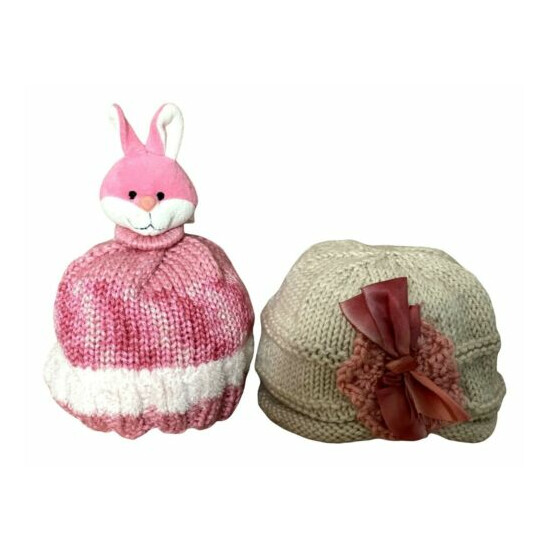 Handknit Craftcore Girls Hats Pink & White Bunny Neutral with Silk Bow 2 Lot image {1}