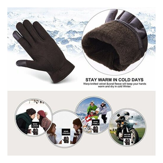 New Men's Wool Lining Black Leather Mittens Winter Warm Cycling Driving Gloves image {4}