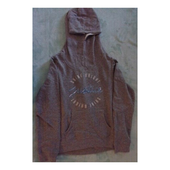 EUC Girls Justice Gray Hooded Pullover Shine Bright "Justice" Blue Sequins s/ 10 image {4}