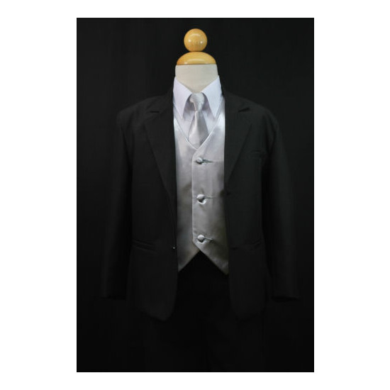 Boy Baby Toddler Kid Teen Formal Wedding Black Silver Suit Tuxedo 5pc Set S-20 image {1}