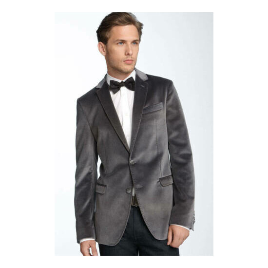 Mens Gray Velvet Tuxedo Jacket Groomsmen Wedding Party Wear Slim Fit Blazer Coat image {1}