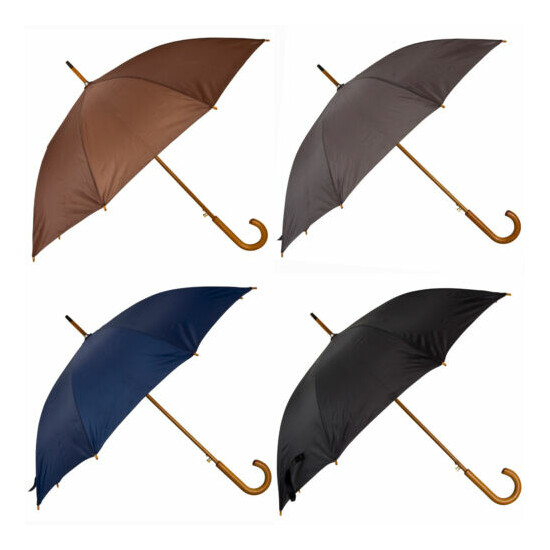 Wooden Crook Handle Automatic Open Umbrella Deluxe Brolly Walking Stick Rain NEW image {1}