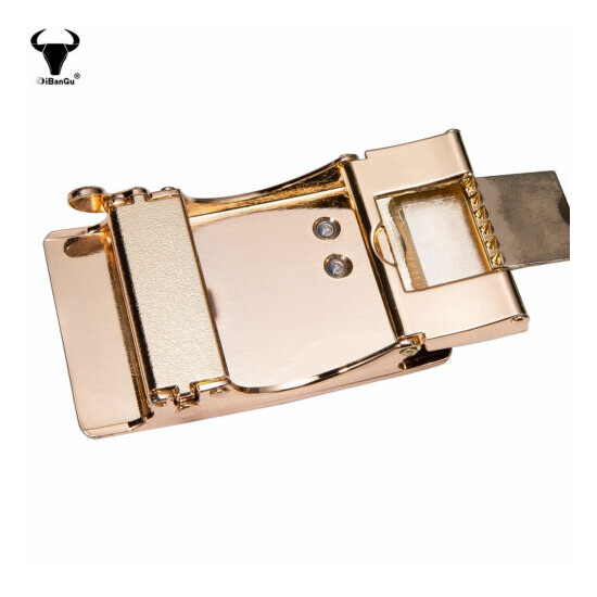DiBanGu Men's Soild Gold Adjustable Ratchet Buckle Black Leather Belts Waistband image {4}