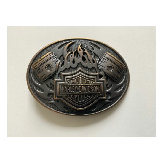 Rare Harley-Davidson mens Bar&Shield w/Pistons belt buckle.Antique brass plaited image {1}