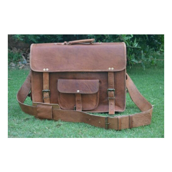 Vintage Goat Leather messenger Real satchel bag genuine Laptop brown briefcase  image {2}
