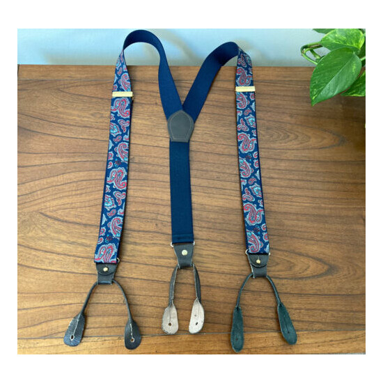 Pelican Suspenders Braces Red Blue Paisley Leather Button Attach Brass Stretch image {1}