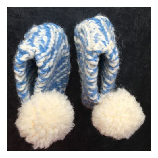 Handmade Vintage Knit Yellow Mittens and Blue Pom Booties Slippers image {8}