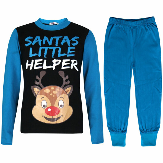 Kids Boys Girls Pyjamas Santas Little Helper Blue Contrast Sleeves Xmas PJS 2-13 image {3}
