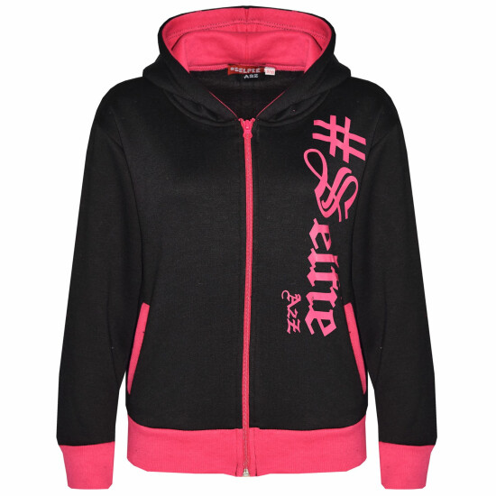Kids #SELFIE Black Pink Tracksuit Hoodie Sweatpants Zipper Joggers Set Girls image {4}