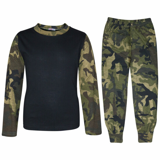 Kids Girls Boys Pjs Contrast Camouflage Green Plain Stylish Pyjamas Set 2-13 Yr image {2}