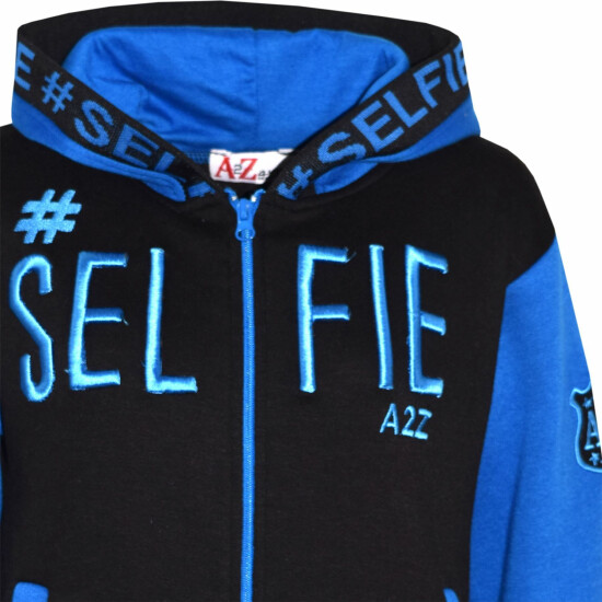 Kids Girls Boys Jacket #Selfie Embroidered Blue Zipped Top Hooded Hoodie 5-13 Yr image {3}